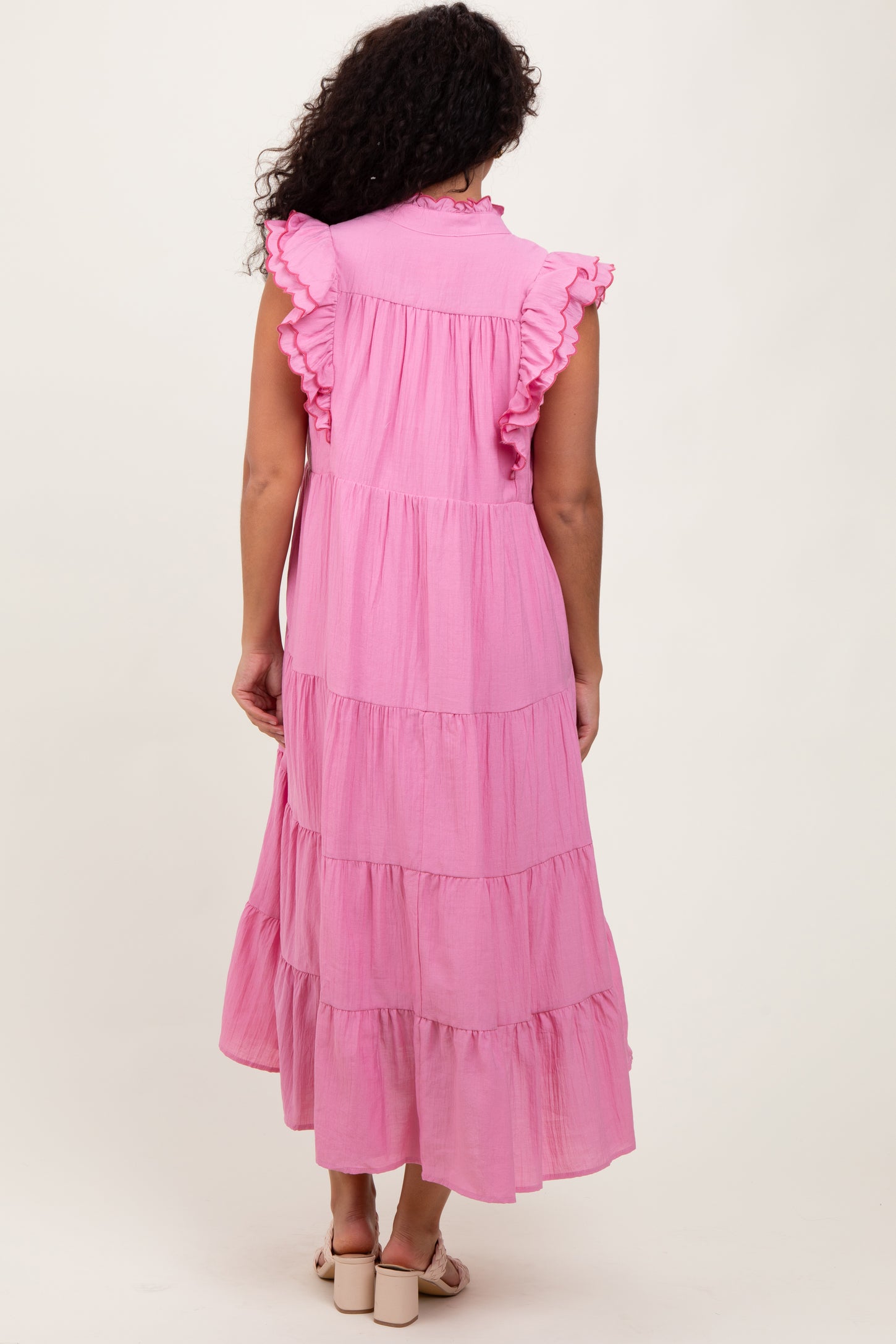 Pink Scallop Detail Tiered Midi Dress