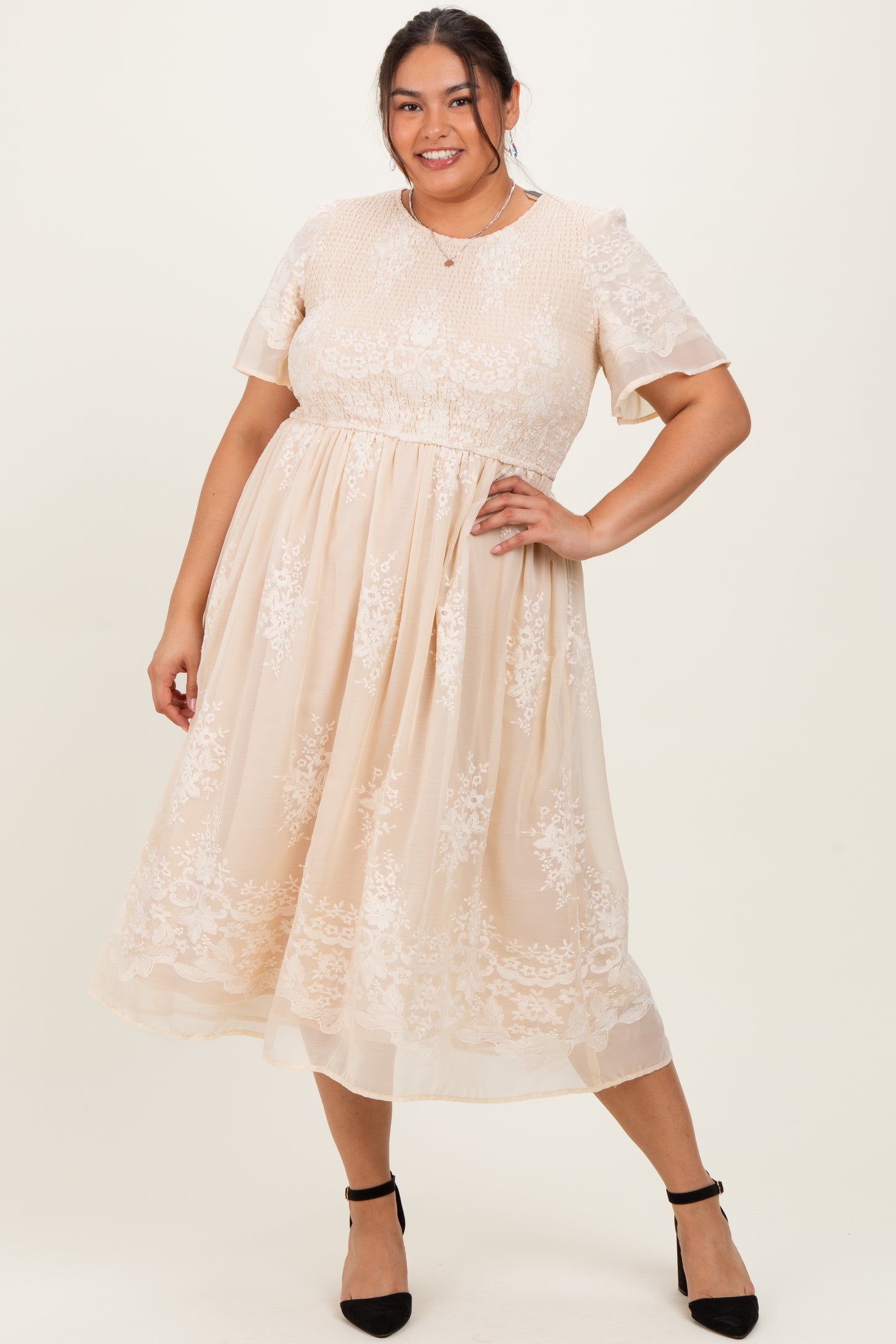 Cream Embroidered Smocked Plus Midi Dress