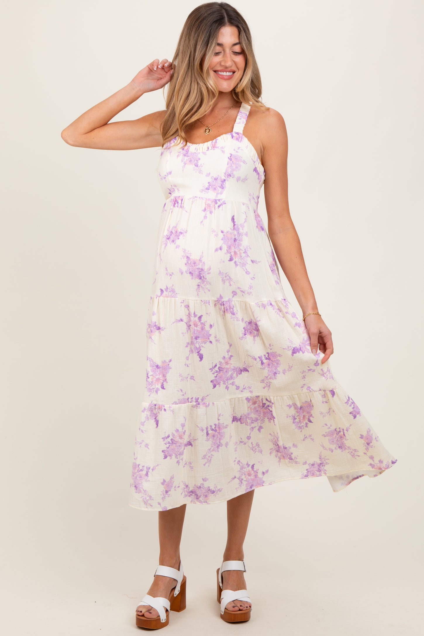 Cream Floral Tiered Crisscross Back Maternity Midi Dress