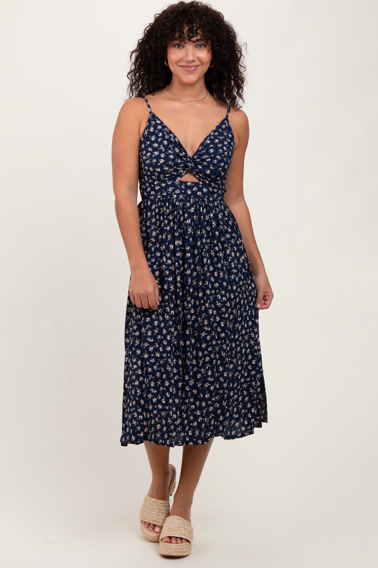Navy Floral Twist Front Cut Out Maternity Midi Dress