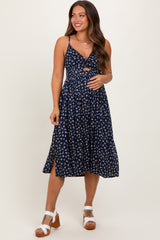 Navy Floral Twist Front Cut Out Maternity Midi Dress