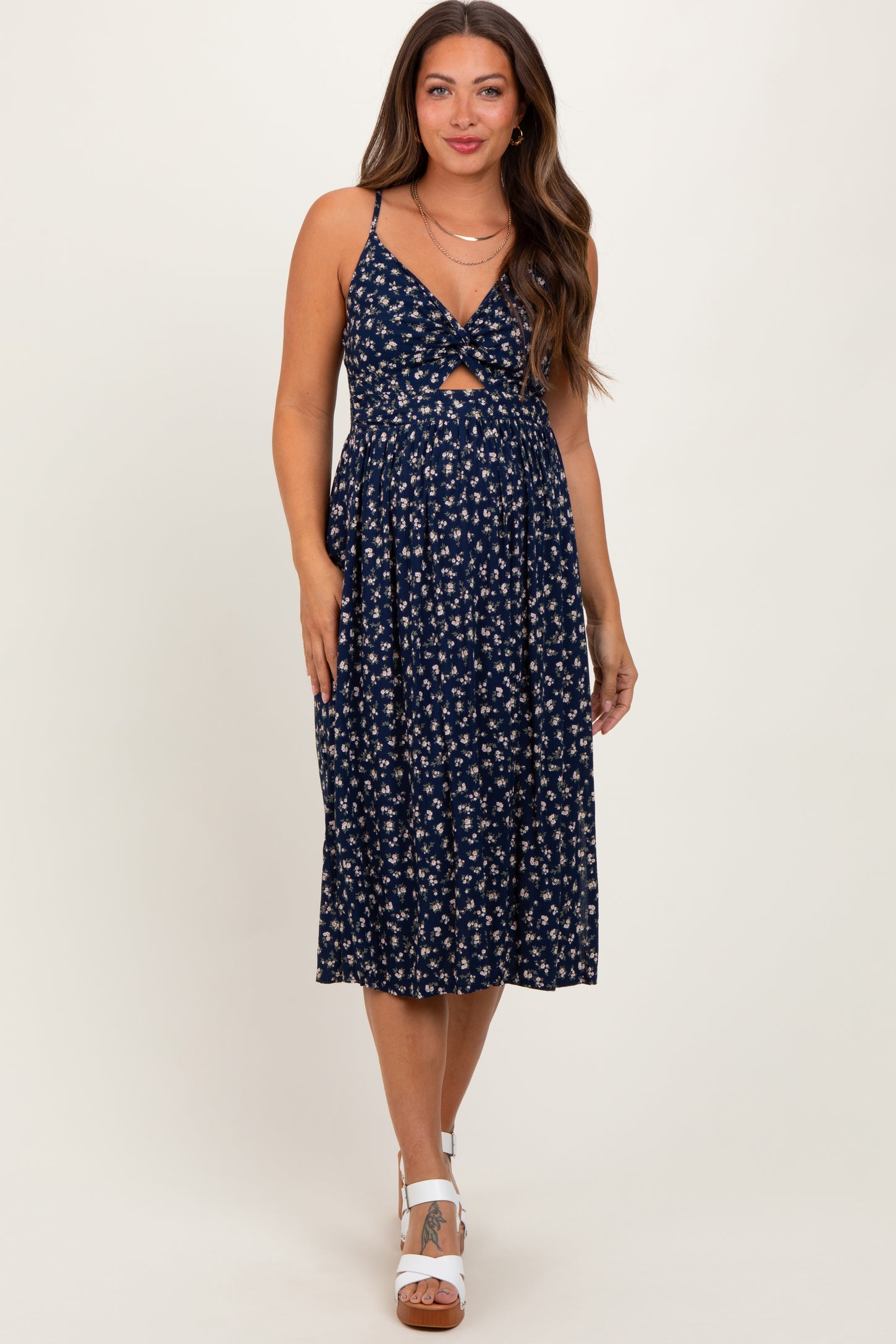 Navy Floral Twist Front Cut Out Maternity Midi Dress