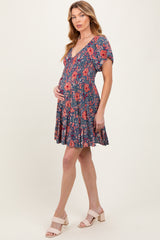 Blue Floral Smocked V-Neck Flutter Sleeve Maternity Dress