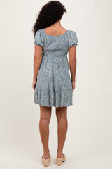 Light Olive Floral Smocked V-Neck Flutter Sleeve Dress