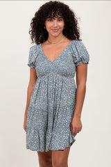 Light Olive Floral Smocked V-Neck Flutter Sleeve Maternity Dress