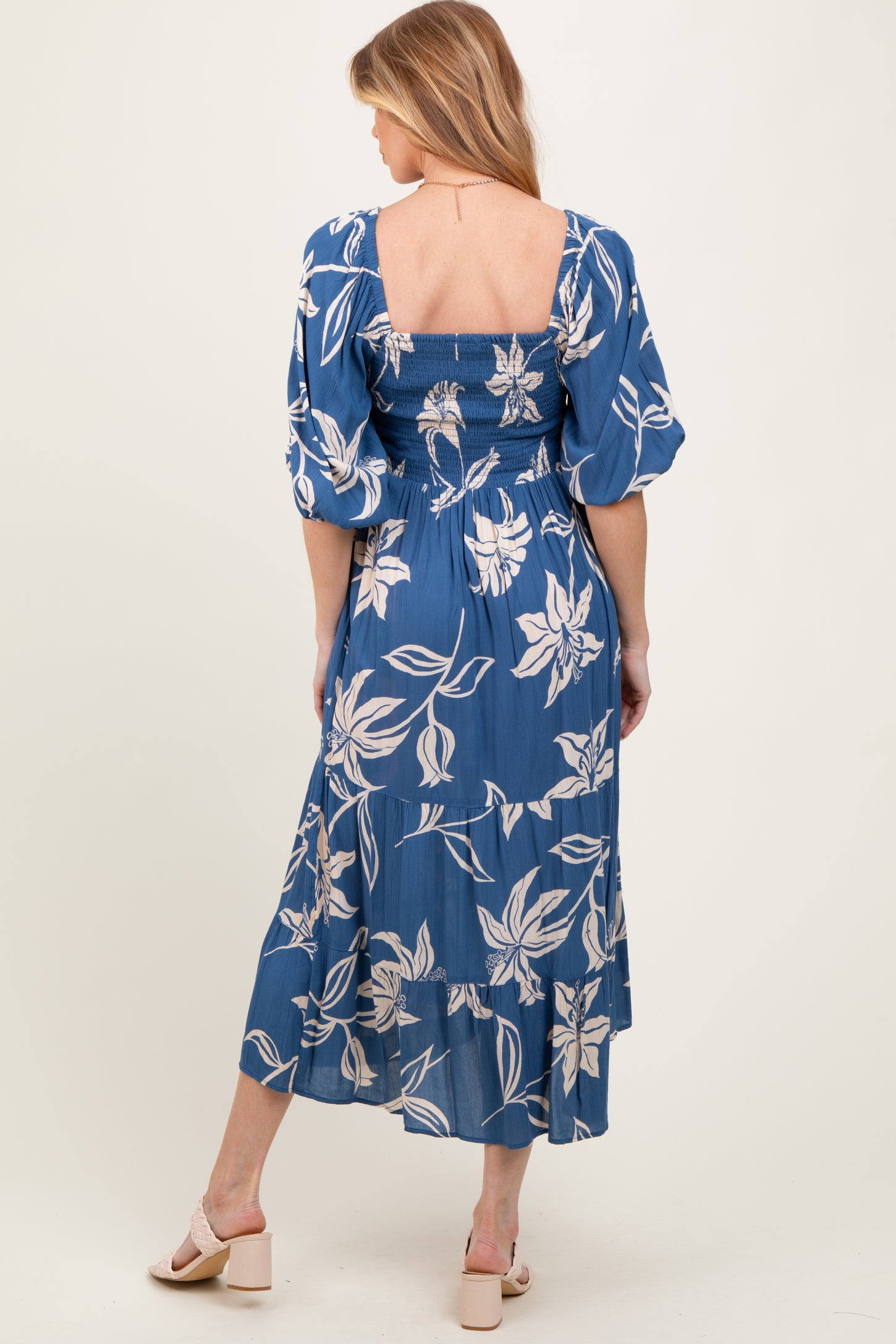 Blue Smocked Puff Sleeve Maternity Midi Dress