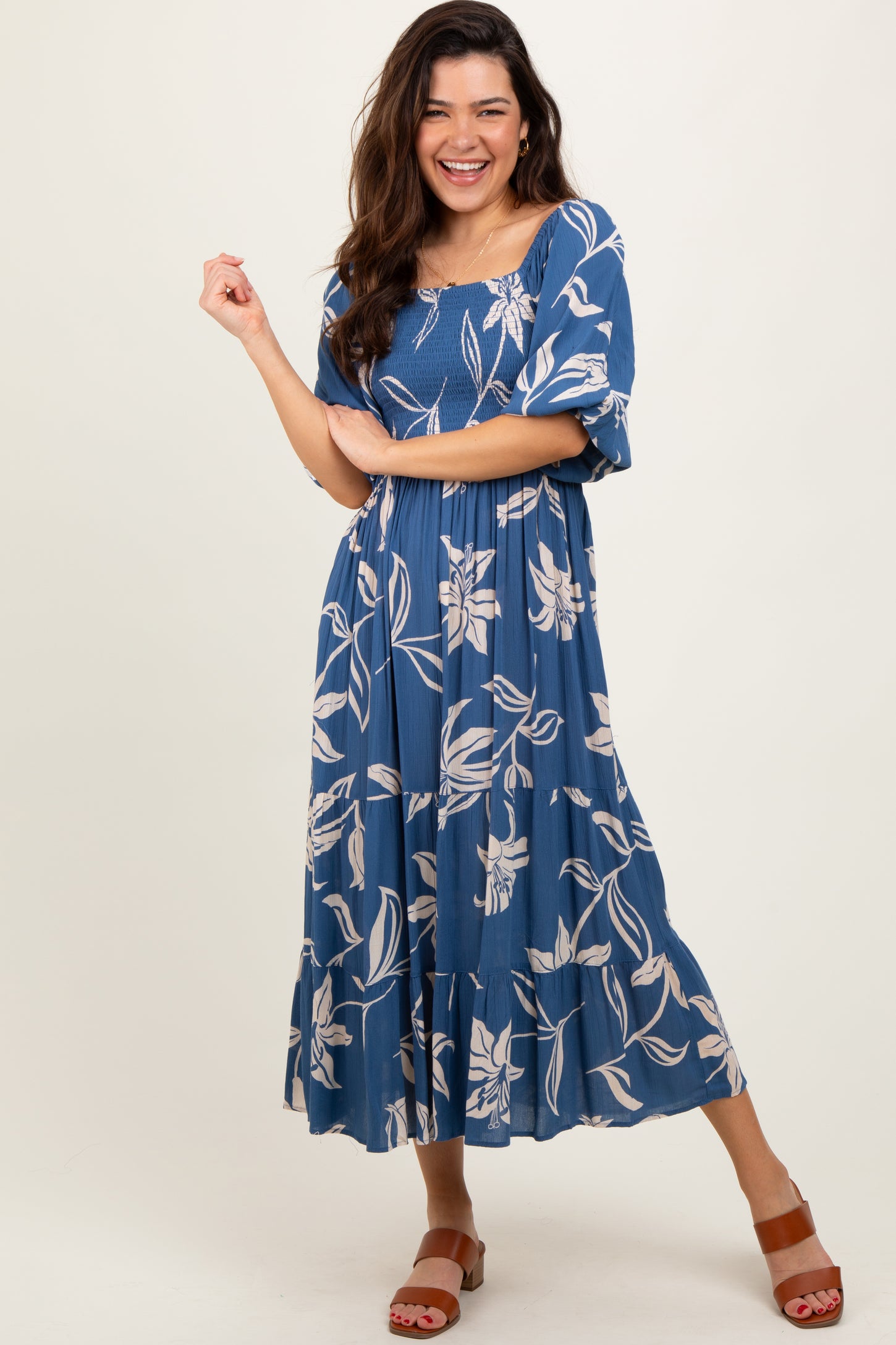 Blue Smocked Puff Sleeve Maternity Midi Dress