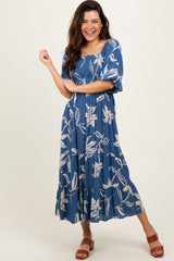 Blue Smocked Puff Sleeve Midi Dress