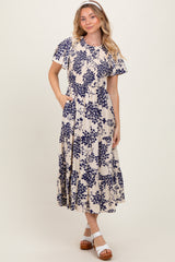 Navy Floral Smocked Ruffle Hem Midi Dress