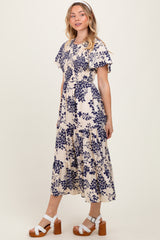 Navy Floral Smocked Ruffle Hem Midi Dress