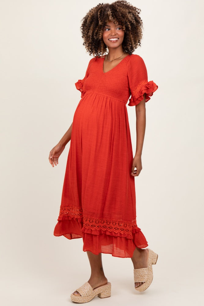 Rust Smocked Crochet Ruffle Trim Maternity Midi Dress
