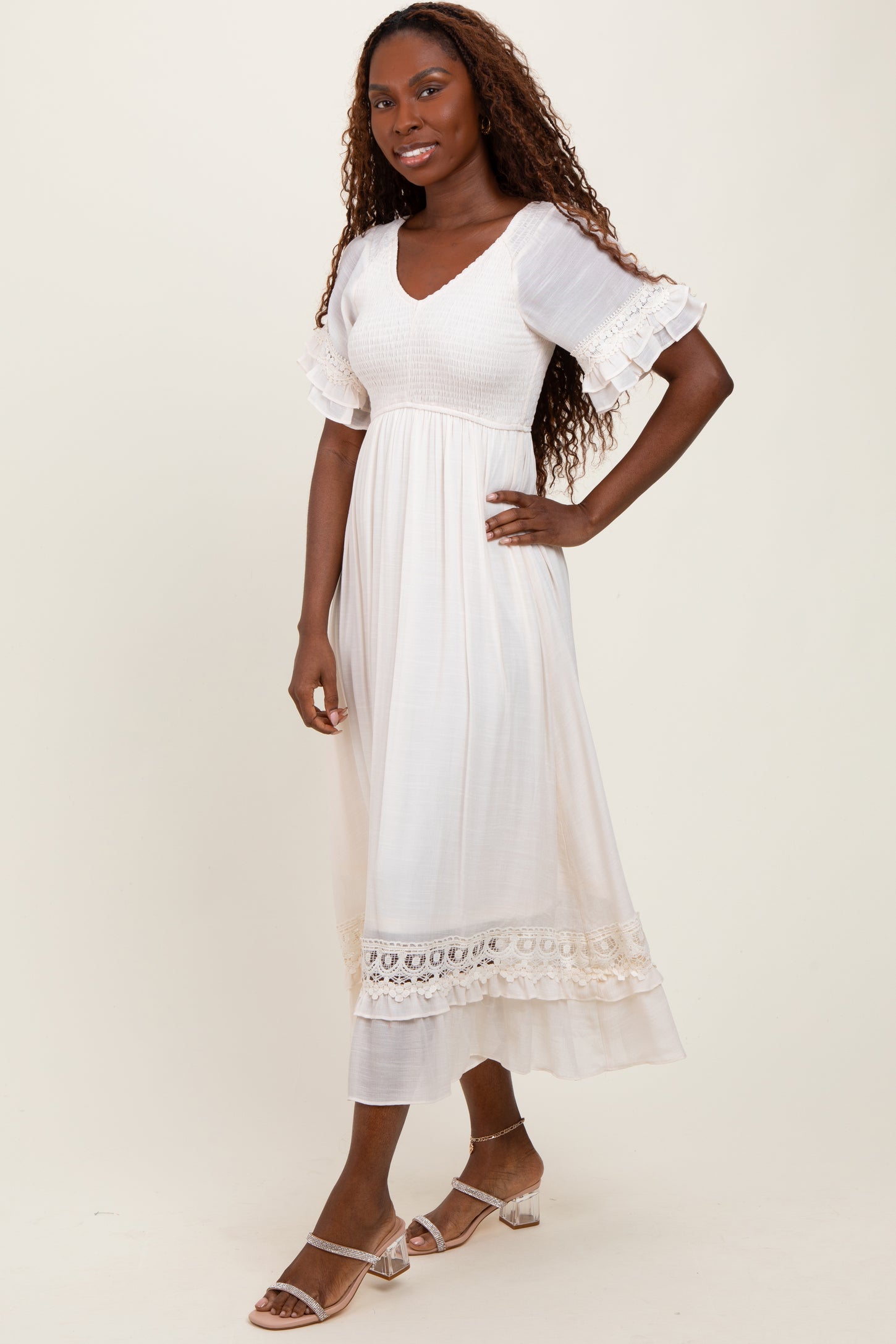 Cream Smocked Crochet Ruffle Trim Midi Dress
