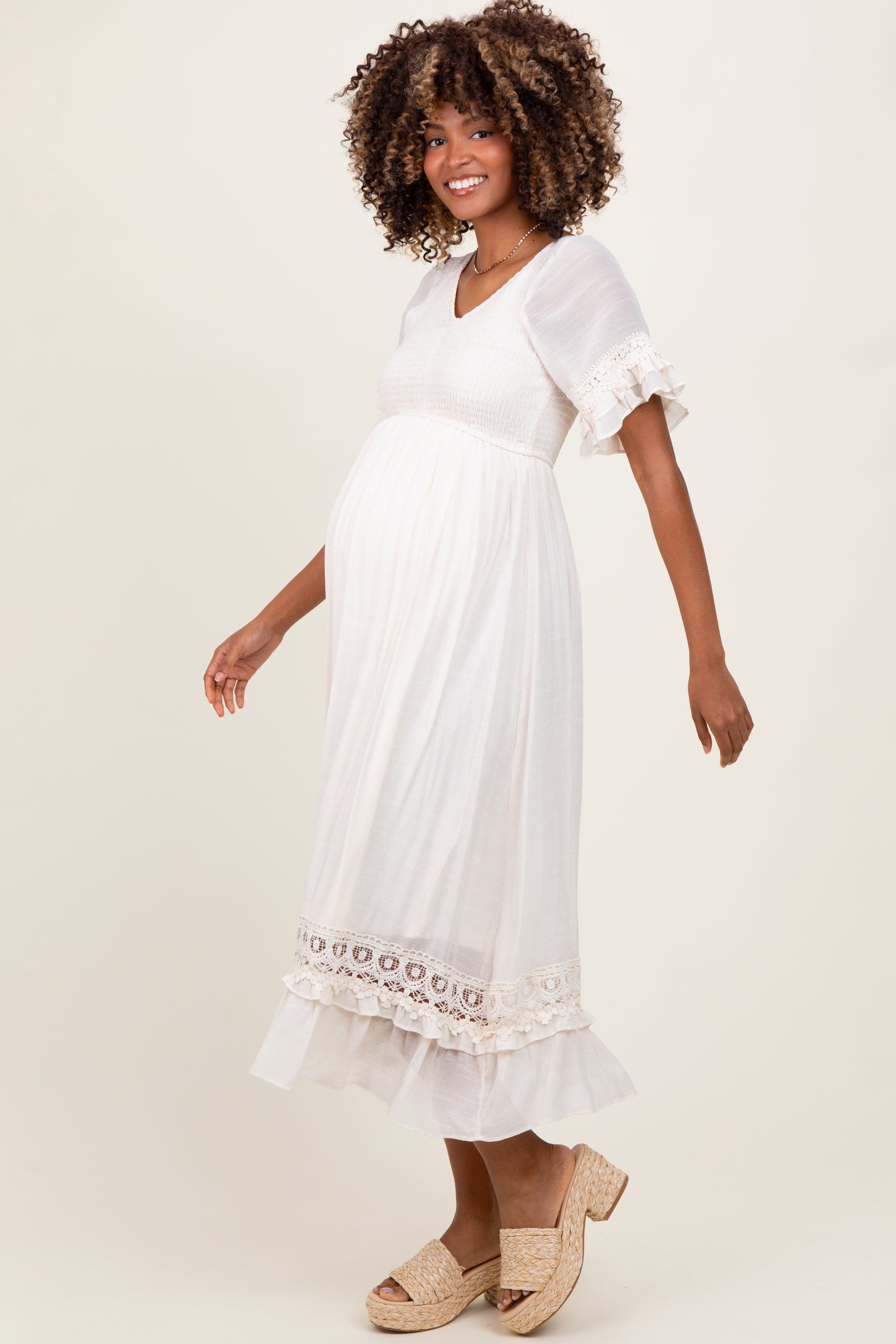 Cream Smocked Crochet Ruffle Trim Maternity Midi Dress