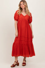 Rust Crochet Detail Bodice Maternity Midi Dress