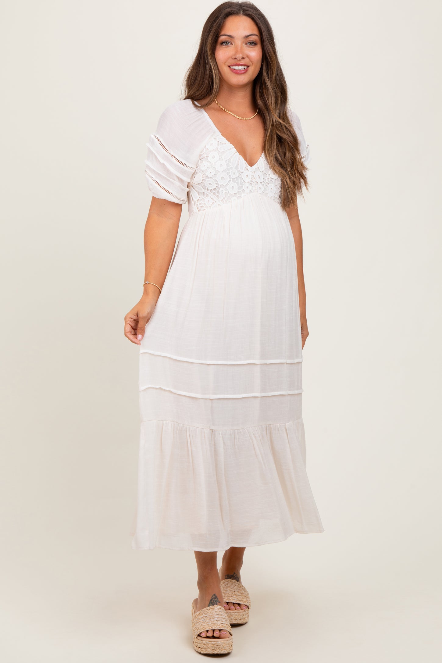 Cream Crochet Detail Bodice Maternity Midi Dress