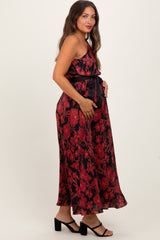 Red Floral Print Plisse One Shoulder Maternity Maxi Dress