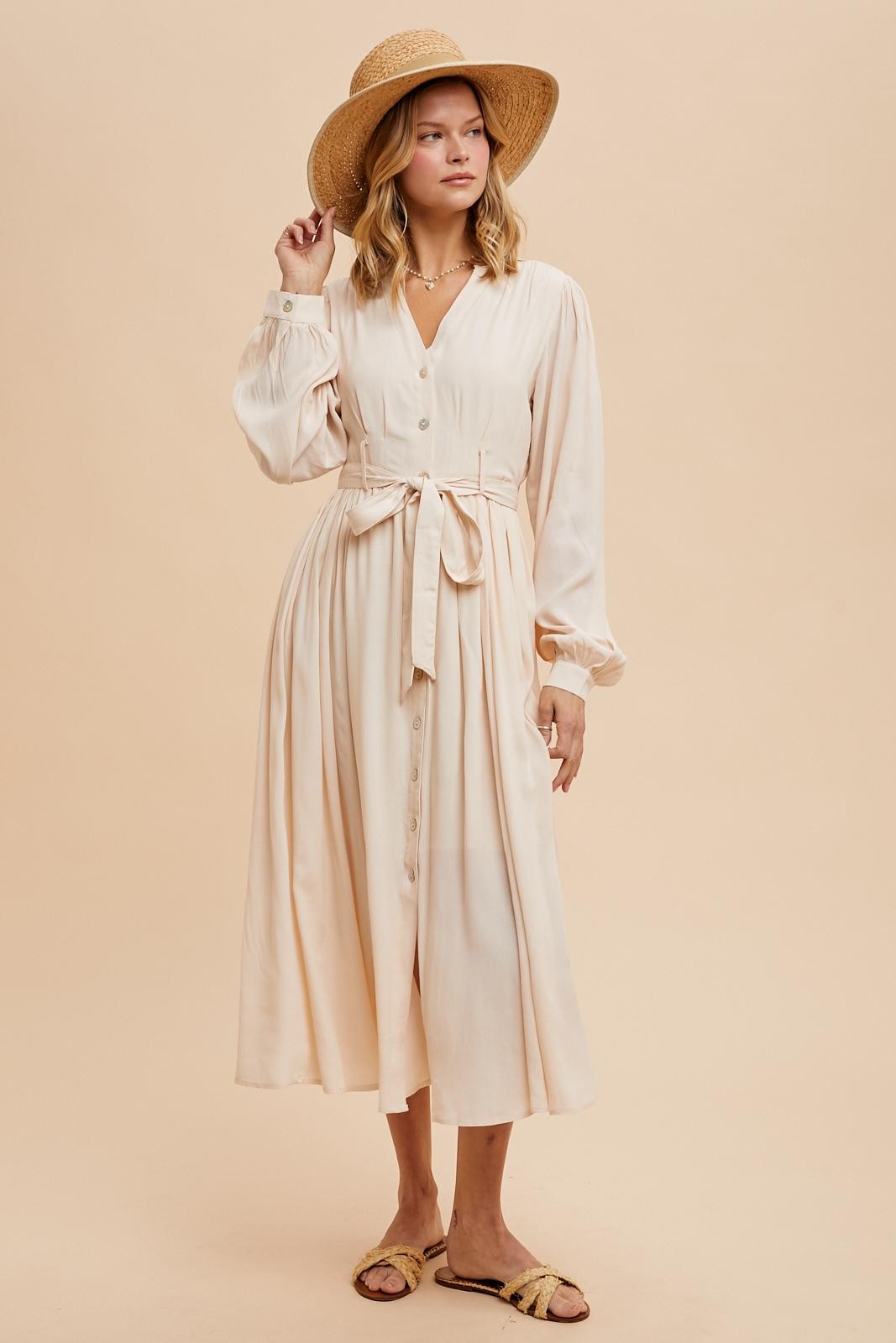 Beige Belted Long Sleeve Maternity Maxi Dress
