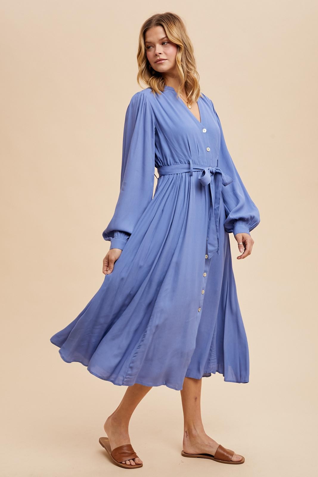 Blue Belted Long Sleeve Maternity Maxi Dress