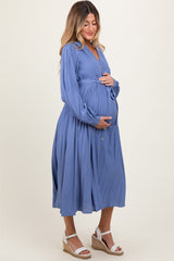 Blue Belted Long Sleeve Maternity Maxi Dress