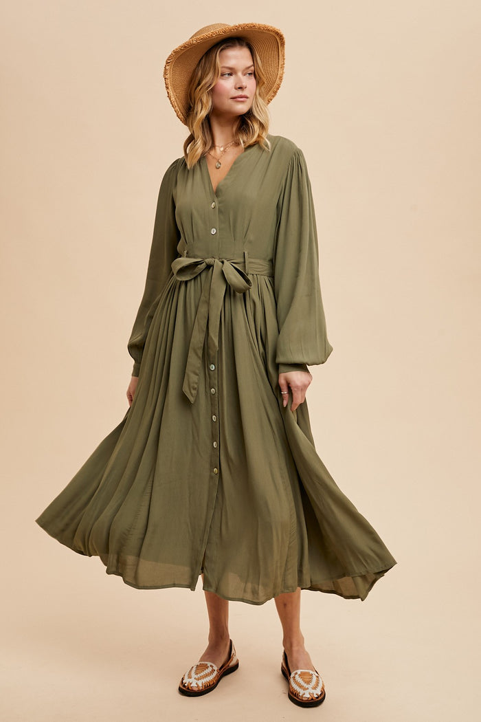 Olive Belted Long Sleeve Maternity Maxi Dress