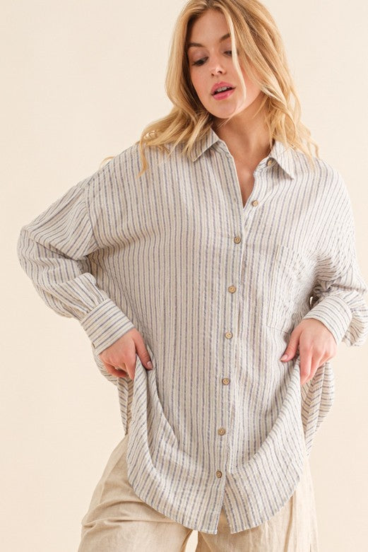 Blue Stripe Oversized Button Down Maternity Shirt