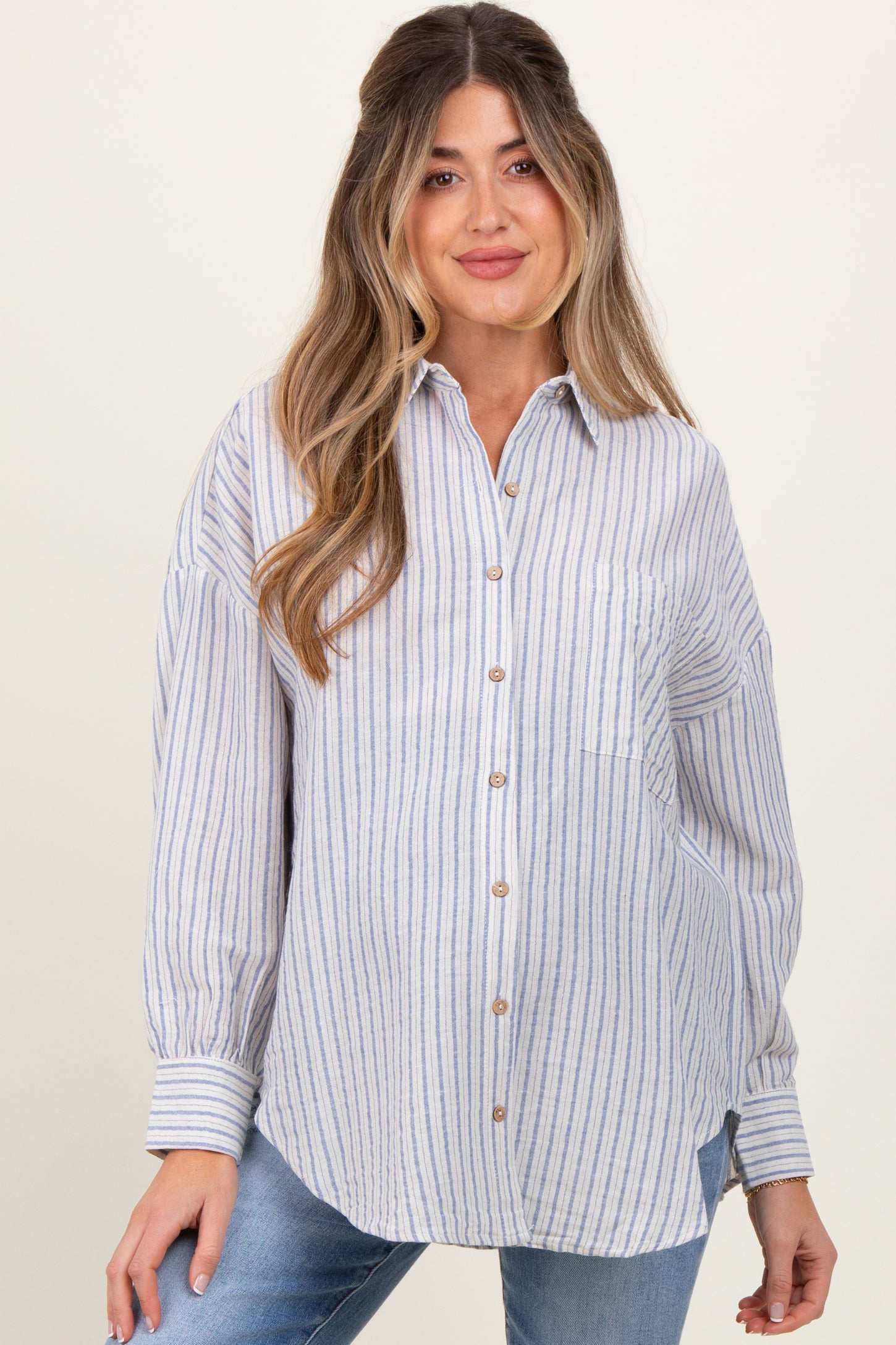 Blue Stripe Oversized Button Down Maternity Shirt