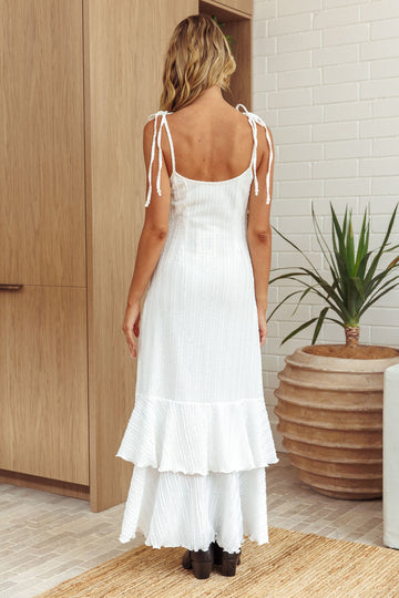 White Textured Shoulder Tie Layered Hem Maxi Dress