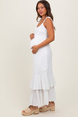 White Textured Shoulder Tie Layered Hem Maternity Maxi Dress