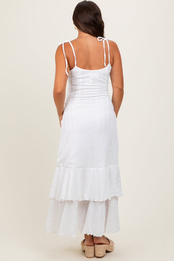 White Textured Shoulder Tie Layered Hem Maternity Maxi Dress