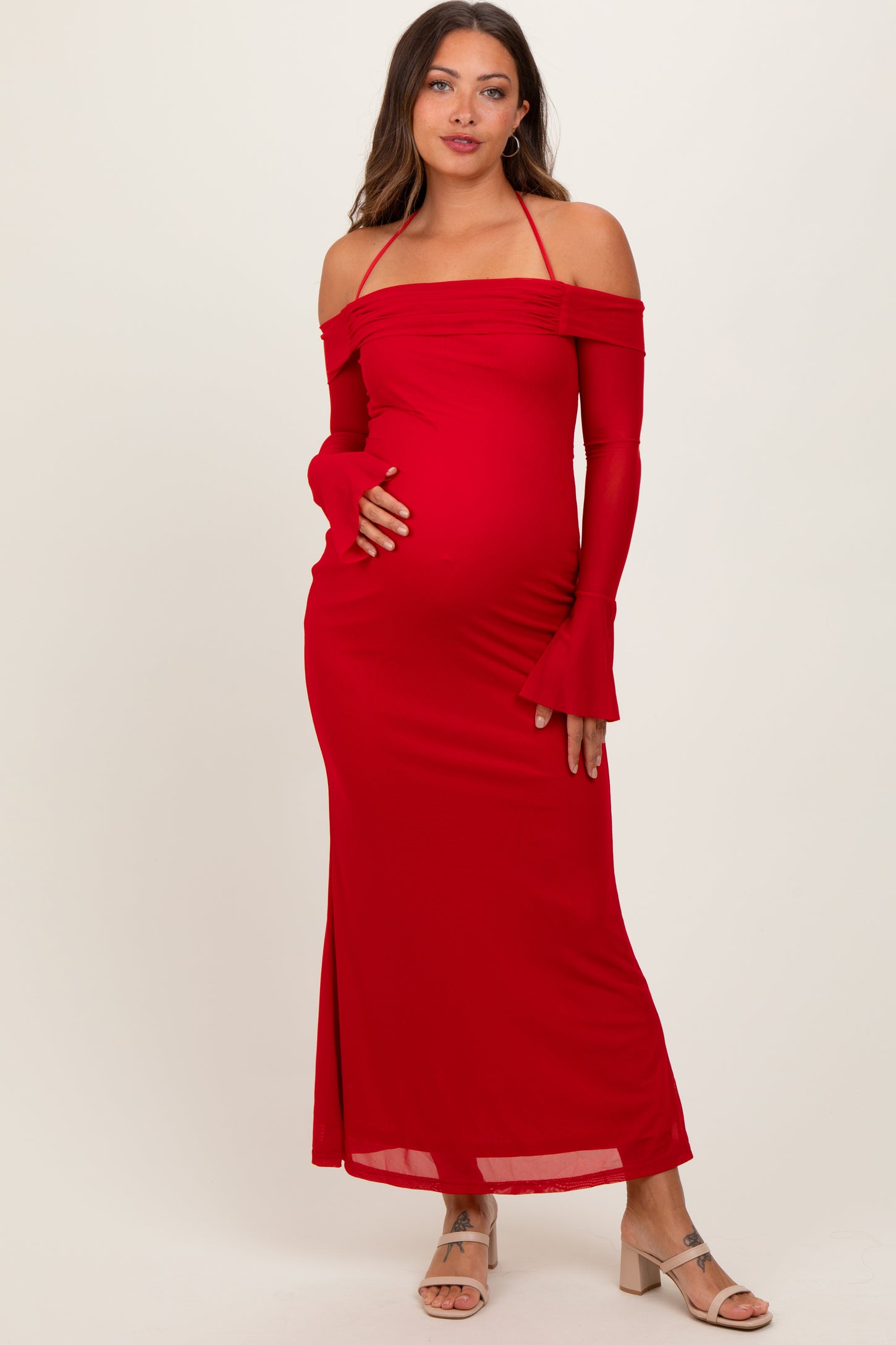 Red Halter Off Shoulder Mesh Maternity Maxi Dress