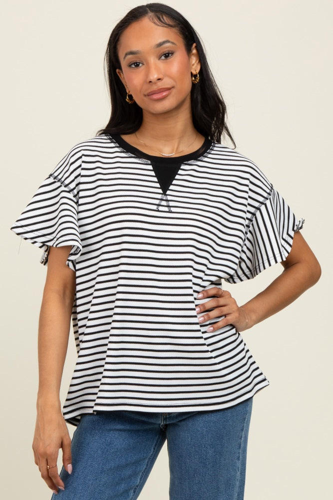 Black Striped Ribbed Relaxed Short Sleeve Top