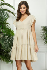Beige Flutter Sleeve Tiered Maternity Dress