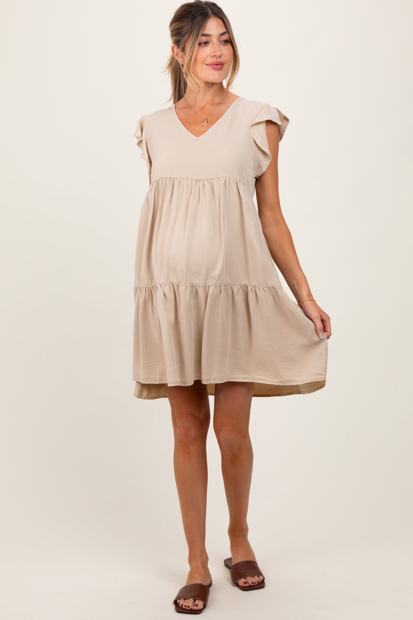 Beige Flutter Sleeve Tiered Maternity Dress