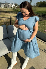Blue Flutter Sleeve Tiered Maternity Dress