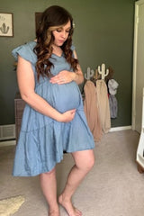 Blue Flutter Sleeve Tiered Maternity Dress