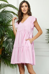Light Pink Flutter Sleeve Tiered Dress