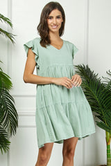 Light Olive Flutter Sleeve Tiered Dress