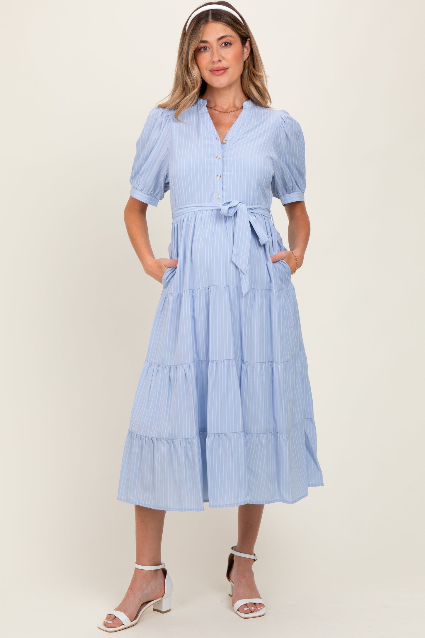 Light Blue Striped Button Up Tiered Maternity Maxi Dress