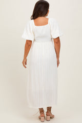 Cream Smocked V-Neck Short Puff Sleeve Textured Maternity Midi Dress