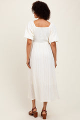 Cream Smocked V-Neck Short Puff Sleeve Textured Midi Dress