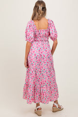 Pink Rose Print Ruffle Trim Puff Sleeve Maternity Maxi Dress