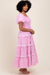 Pink Smocked Ruffle Tiered Puff Sleeve Maxi Dress