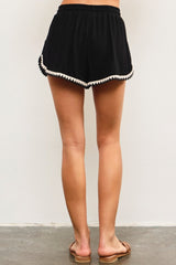 Black Linen Blend Crochet Trim Drawstring Shorts