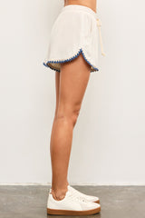 Cream Linen Blend Crochet Trim Drawstring Shorts