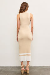Beige Knit Colorblock Stripe Sleeveless Polo Dress