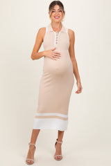 Beige Knit Colorblock Stripe Sleeveless Polo Maternity Dress