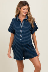 Navy Contrast Print Collared Button Up Maternity Romper
