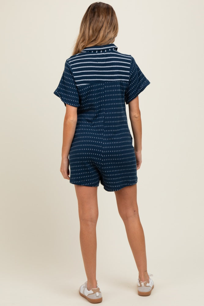 Navy Contrast Print Collared Button Up Maternity Romper