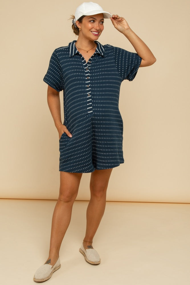 Navy Contrast Print Collared Button Up Maternity Romper