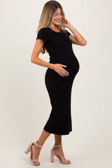 Black Basic Crewneck Maternity Midi Dress